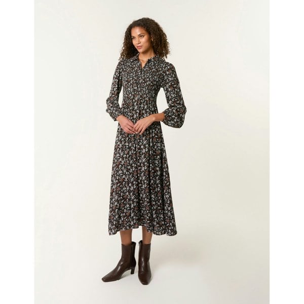 Blue Vanilla Ditsy Floral Long Sleeve Shirred Maxi Dress