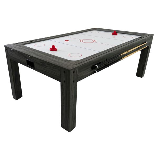 7-in-1 grey games table featuring air hockey surface, red pucks, and sleek wooden frame with built-in storage for cues and accessories