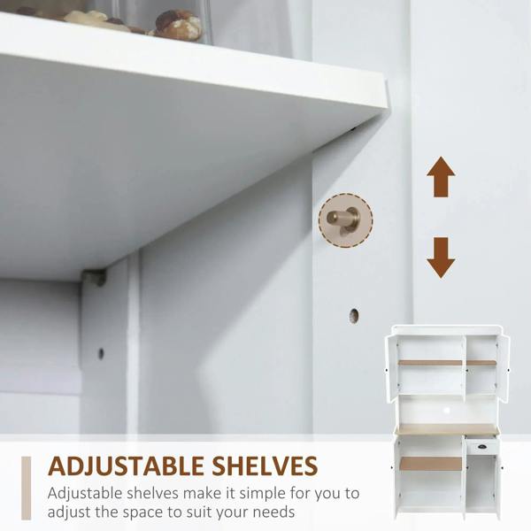White freestanding kitchen cabinet side showing adjustable shelf pins and open storage area
