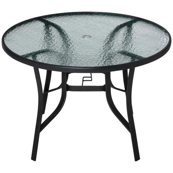 Black round garden dining table with tempered glass top and central umbrella hole