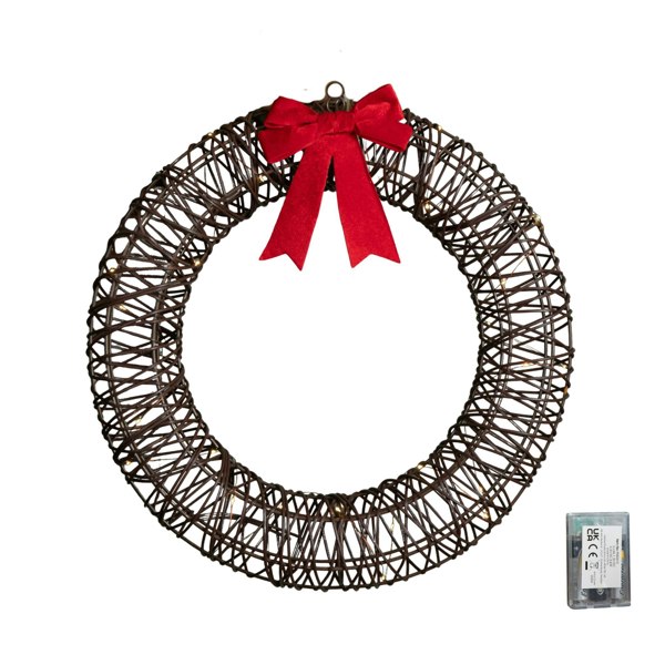 Samuel Alexander 50cm Battery Operated Light up Christmas Wreath with Red Bow & 40 Warm White LEDs