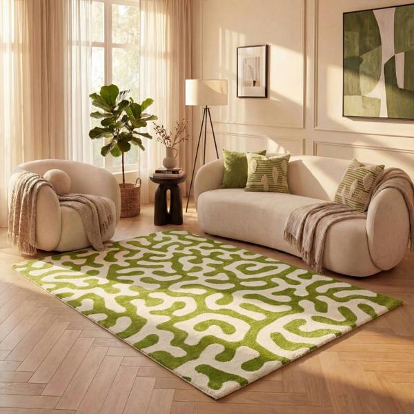 Joli abstract Green & White High Pile Rug Colourfast