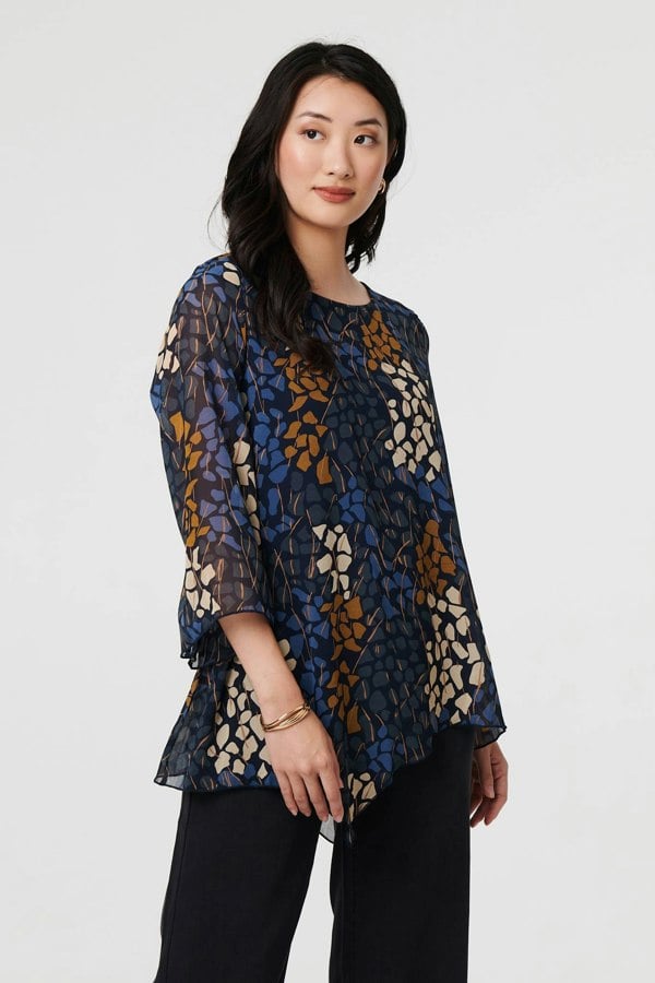 Navy | Printed Handkerchief Hem Longline Blouse
