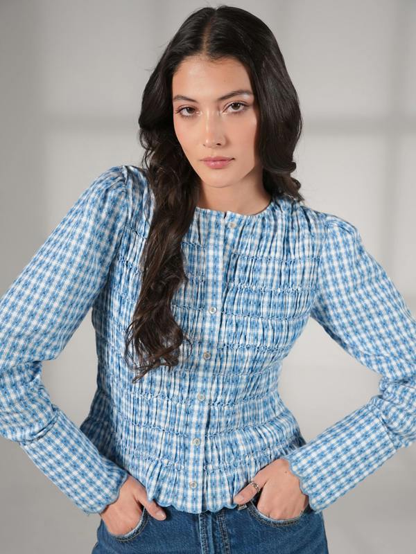 Rose & Nancy Mary Blue Gingham Check Smocked Blouse