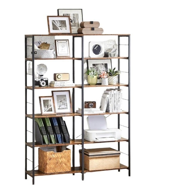 Modcraft 6-Tier Industrial Bookshelf with Steel Frame – Rustic Brown & Ink Black Tall Storage Shelf, 120 cm Wide