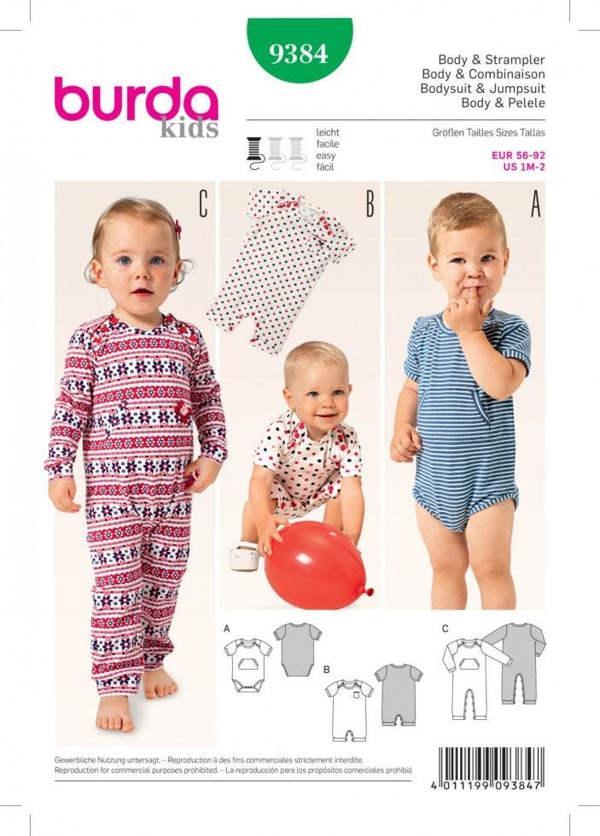 Burda Sewing Pattern 9384 Jumpsuits, Tops and Pyjamas For Babies, 1m-2 - Easy