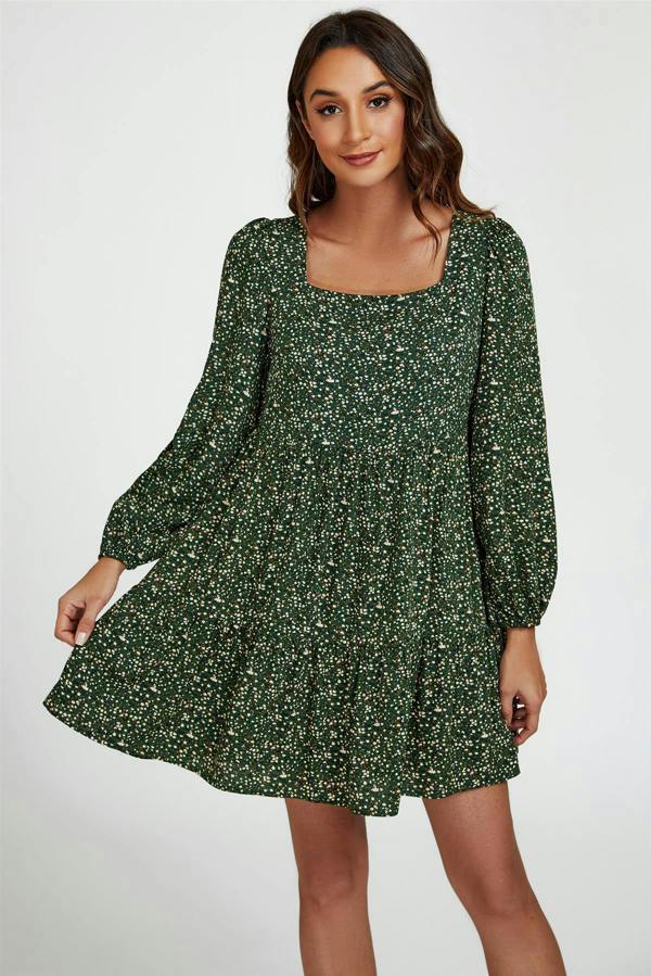 FS Collection Little Floral Print Square Neck Mini Dress In Olive Green