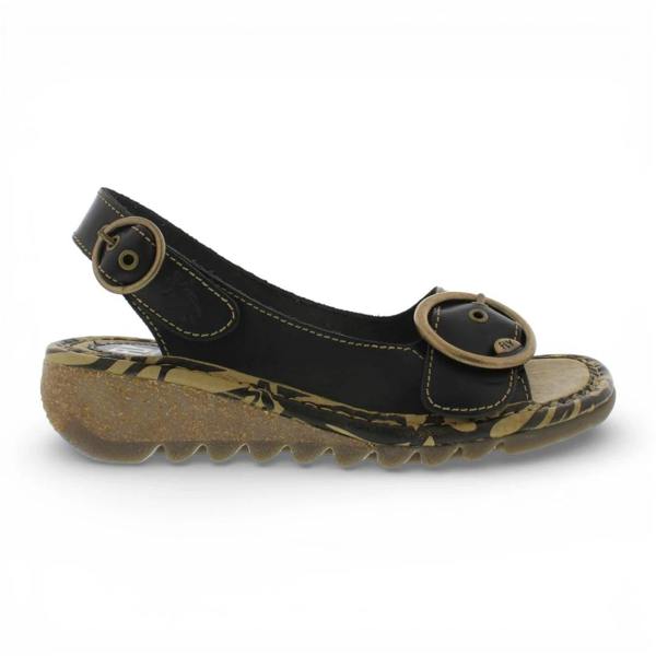 Fly London TRAM723FLY - Women’s Black Leather Wedge Sandals
