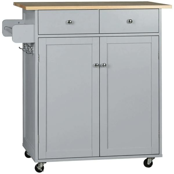 Grey rolling kitchen island cart with rubber wood top, drawers, and cabinet doors.