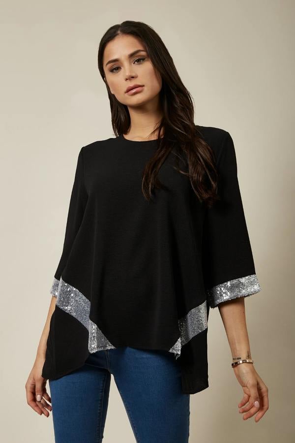 Hoxton Gal Oversized Sequin Detail Top In Black