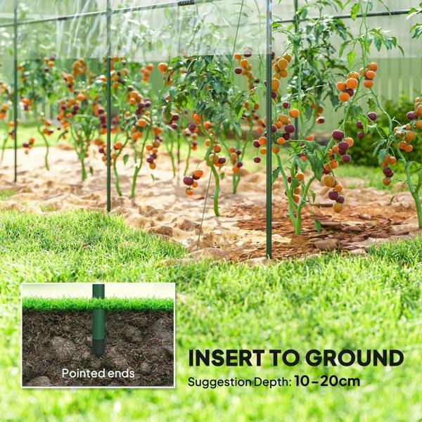 Tunnel greenhouse stakes pointed for inserting into ground; seedlings inside under clear cover