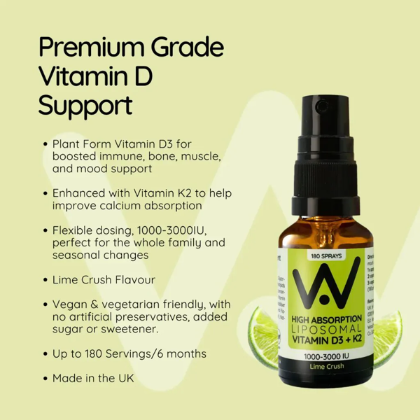 Well Actually Vitamin D3 (2000IU's) + K2 (100mcg) - Liposomal Spray - Lime