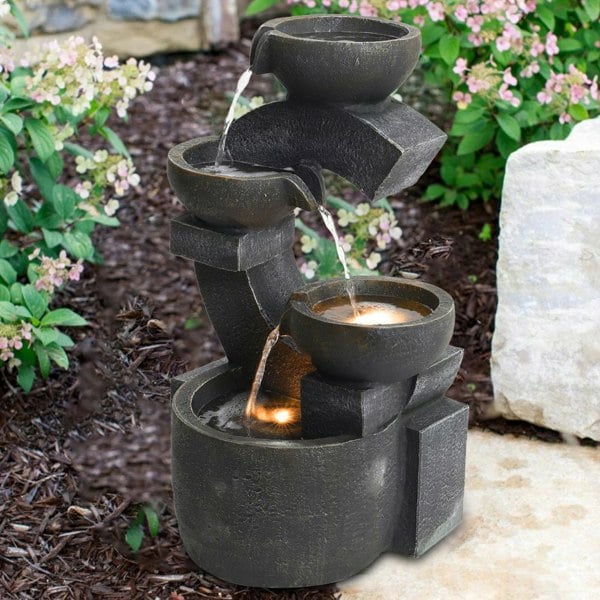 C Shaped Outdoor Fountain Garden Patio Water Feature LED Light Cascade Bowl Fountains & Waterfalls Living and Home
