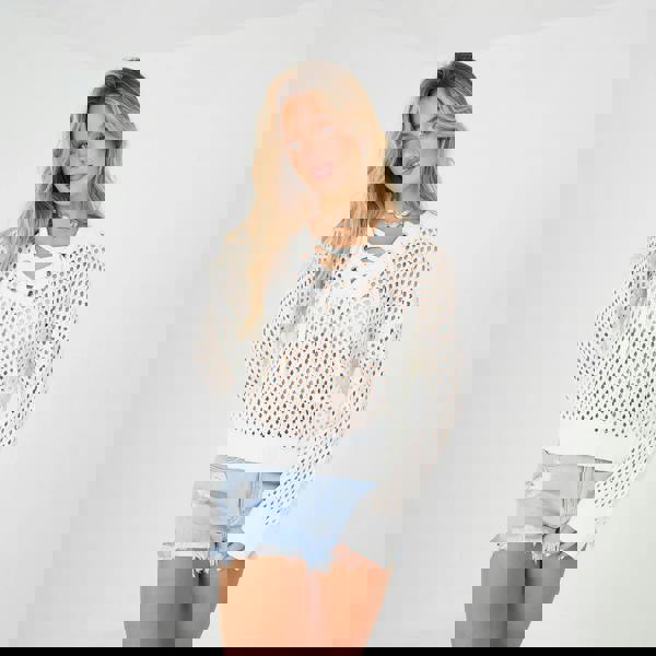 Brave Soul Cream Cotton Open Knit Jumper - Cream Image 1