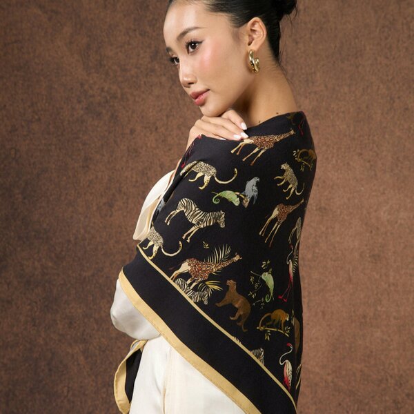 Noir Safari Wool Silk Scarf – Animal Motif Wrap, Hand-Rolled Hem, Winter Gift