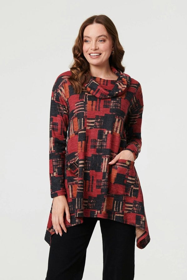 Red | Printed Long Sleeve Cowl Neck Tunic Top
