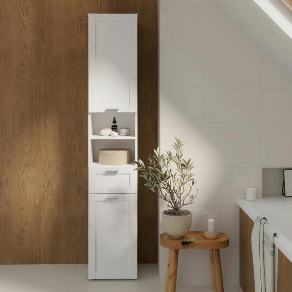 Furniture To Go Lokko Tall Narrow Bathroom Cabinet with 2 Doors & 1 Drawer with Silver Handles in White