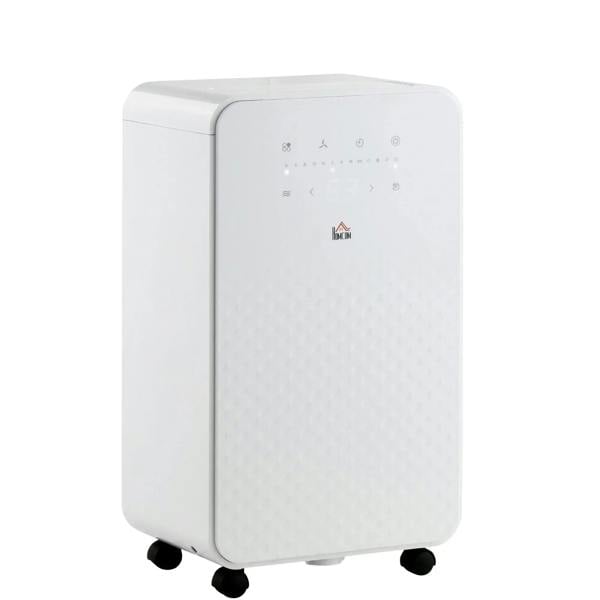 White portable dehumidifier with air purifier, front panel and indicator lights