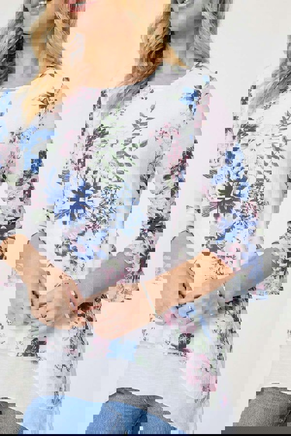 Pink | Floral 3/4 Flare Sleeve Curve Hem Top