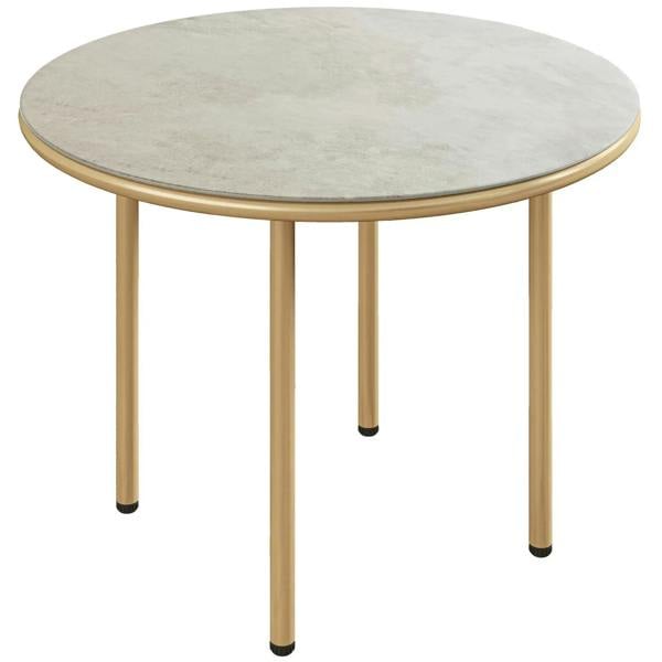 Round coffee table with faux marble tempered glass top and beige steel legs
