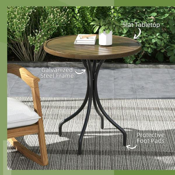 Brown round slatted garden table with galvanized steel-look frame and protective foot pads.
