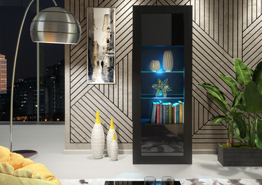 Mex Furniture 170cm Modern Display Cabinet – Black Gloss Doors with LED