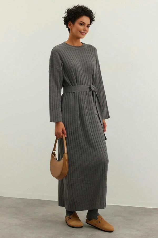 WOVCOR Ribbed Knitted Dress with Belt Detail