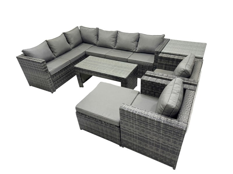 Fimous 7 Pieces Outdoor PE Rattan Garden Furniture Corner Sofa Oblong Coffee Table Set with Cushions Chair Big Footstool Side Table Dark Grey Mixed