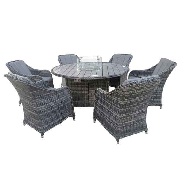 Furniture One 7 Piece 6 Seater Rattan Dining Sets with 150cm Round Gas Fire Pit Dining Table and Padded Rattan Armchair | Fully Assembled Chairs