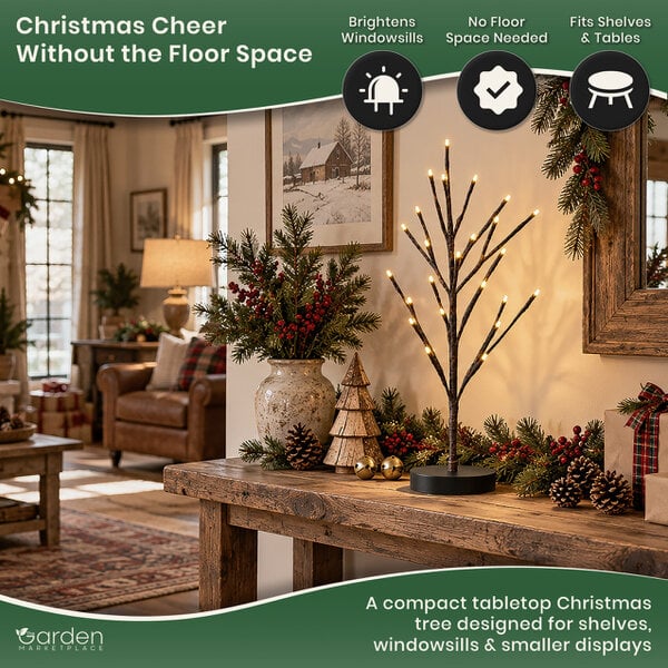 Snowy Brown Birch Christmas Twig Tree with Warm White LED Lights, 60cm Battery Powered Indoor Decorative Tree, 24 LEDs