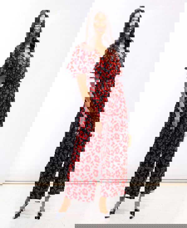 Needs No Label Red Floral Flutter Sleeve Jumpsuit