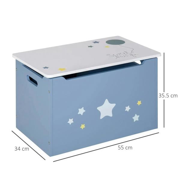 Kids wooden toy box storage chest, blue with star decals, side handle and hinged lid