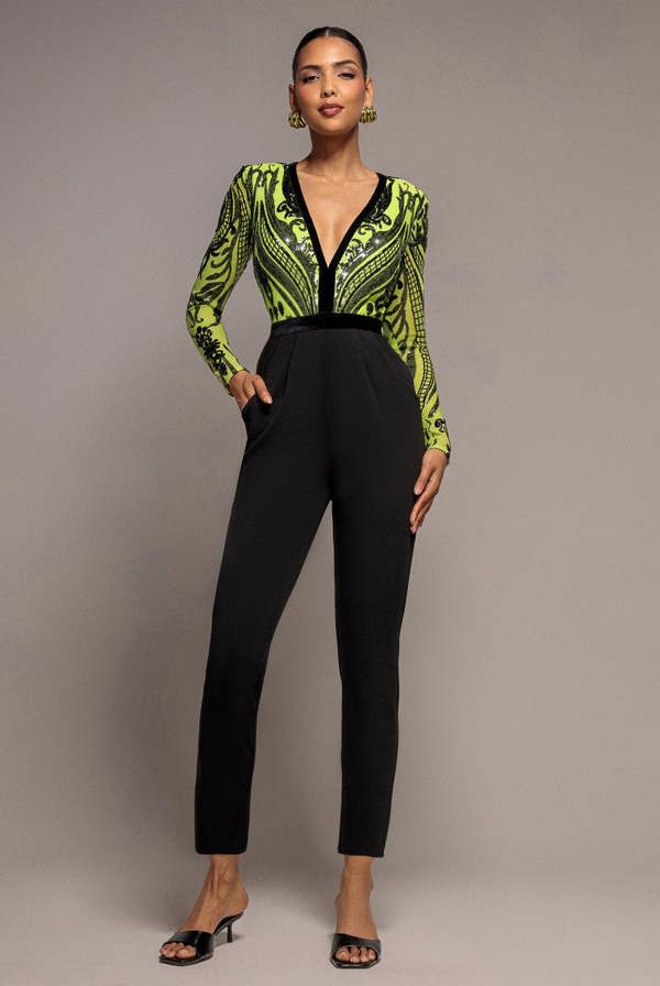 Deep V Neck Sequin Embroidered Jumpsuit - Lime TR123