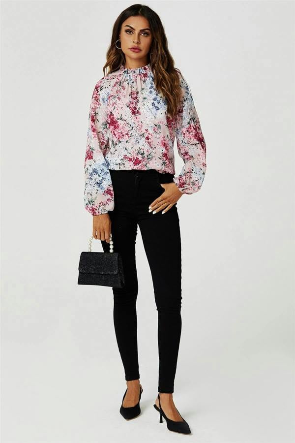 FS Collection Floral Print Long Sleeve Frill High Neck Top In Pink