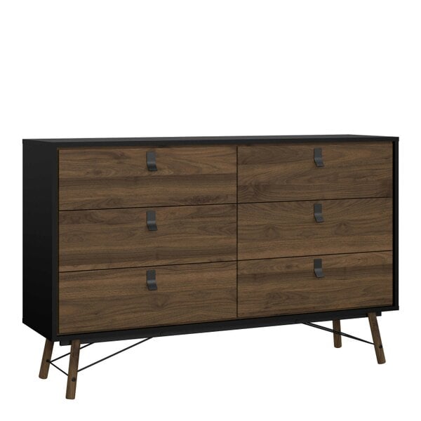 Wyld Haus Juno Black and Walnut Wood Wide Double Chest of 6 Drawers