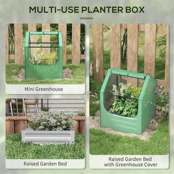 Green greenhouse cover and raised garden bed shown outdoors in a multi-use layout