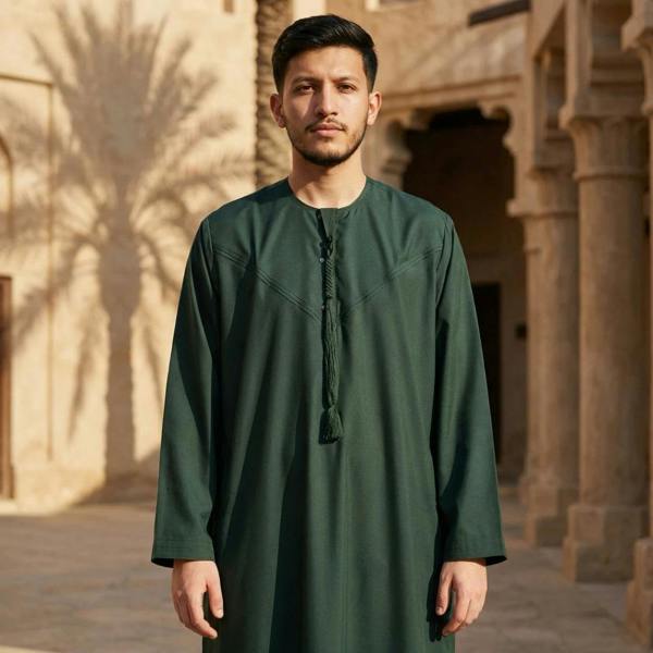 HM11 - Men's Emirati Omani Bobble Button Thobe - Green - Thobez - 2