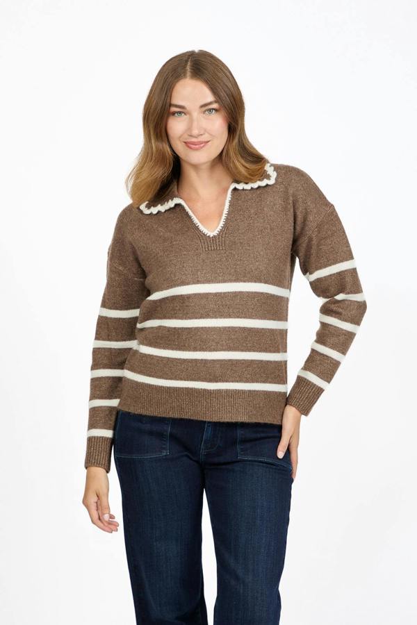 Mudflower Crochet Trim Collared Stripe Knit Jumper