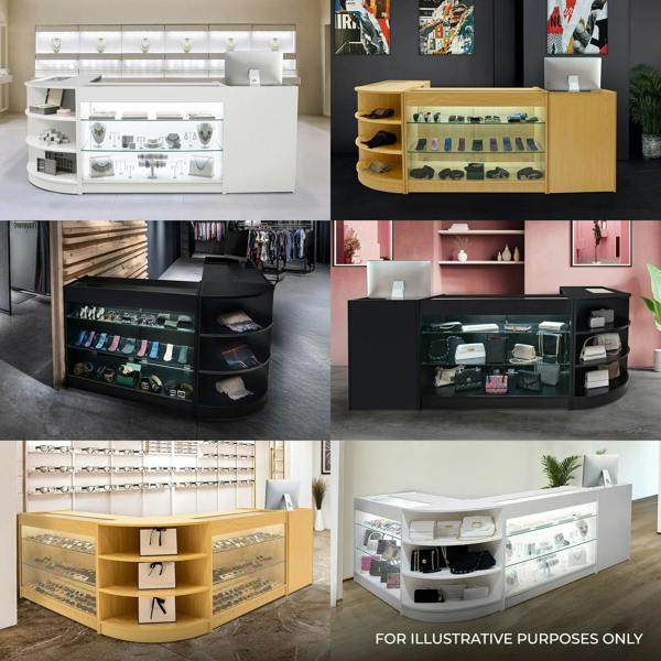 Theia LED Shop Counter Set featuring sleek white, black, and wood designs with glass displays for showcasing products