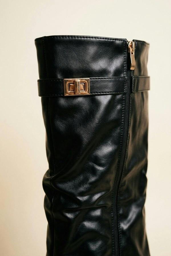 Cordelia Slouchy Wedge Knee High Boots - Black Pu