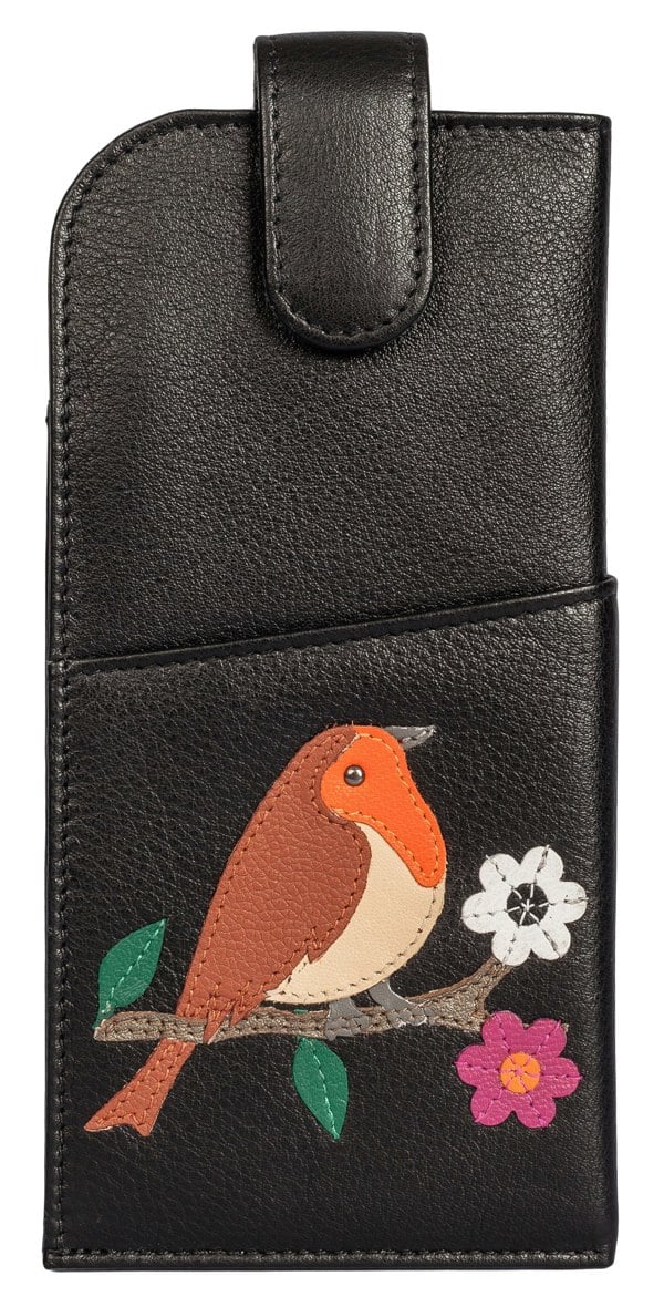 Mala Leather Robin Applique Stitched Leather Wide Fitting Glasses Case