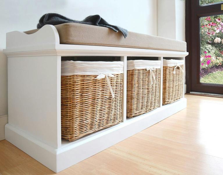 Tetbury White Storage Bench with Natural Wicker Baskets and Brown Cushion
