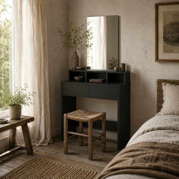 Wyld Haus Merotto Black Dressing Table With Mirror And Multi Storage Layout