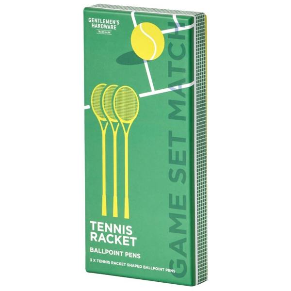 The green and yellow "Game Set Match" themed outer box for the Gentlemen's Hardware tennis racket ballpoint pens, featuring a tennis court illustration.