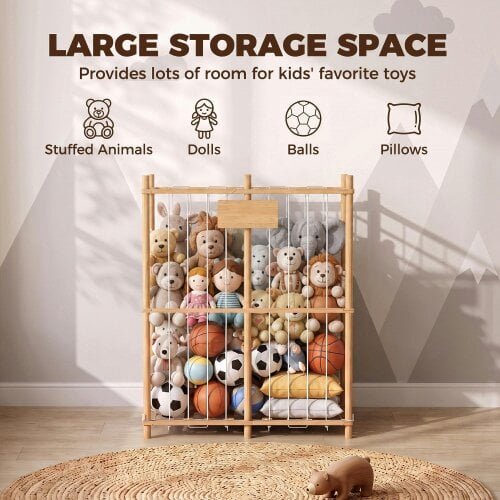 AIYAPLAY Toy Storage with Elastic Cords, Wooden Animal Storage Zoo, Natural