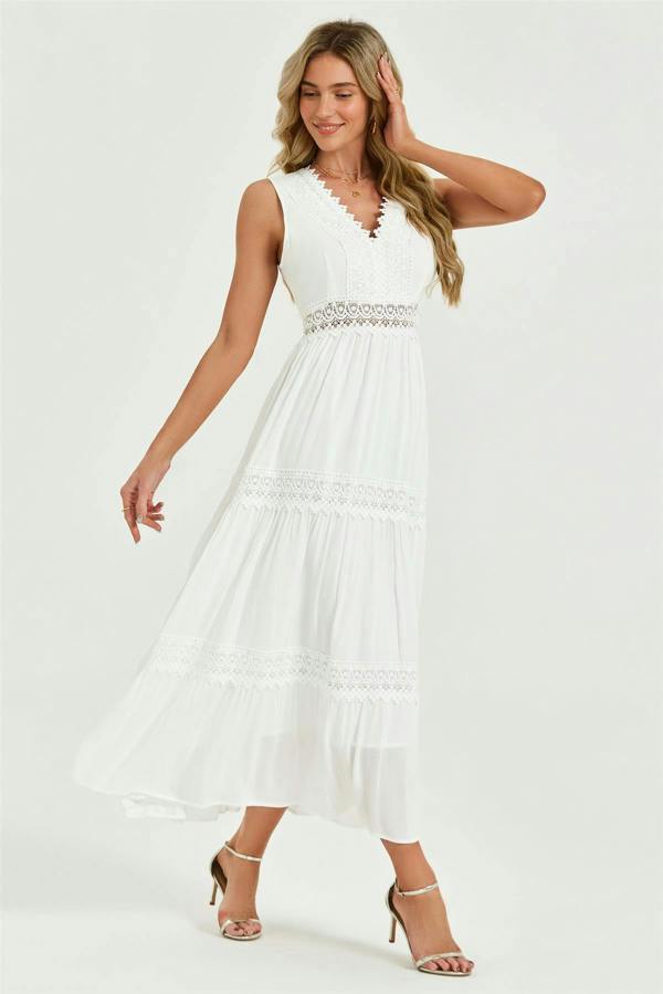 FS Collection Lace Detail Maxi Dress In White
