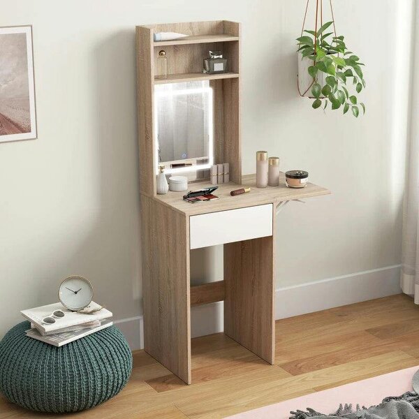 Small Vanity Desk with Mirror and LED Lights, Compact Dressing Table with Drop Leaf, Open Shelves, Natural Wood