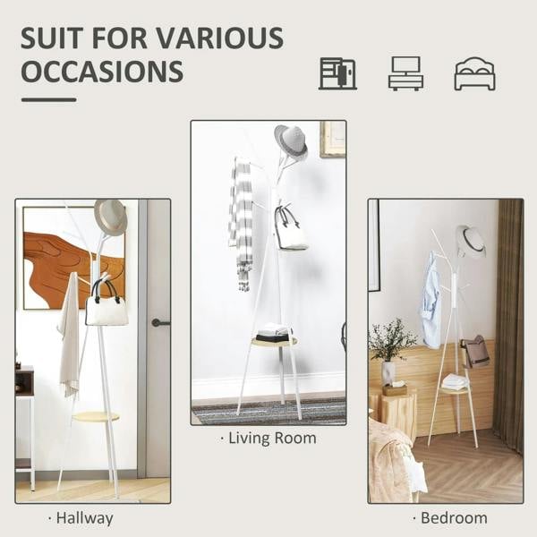 White metal coat rack with round shelf and multiple hooks for hallway or bedroom storage