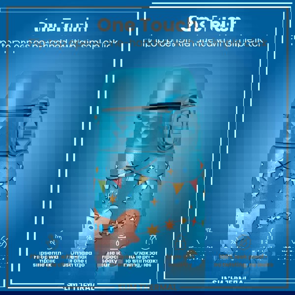 A teal water bottle, featuring a flip top, opens one-handed. The bottle is decorated with a festive design, and includes features such as triple lock security and leak proof capabilities. "One Touch" and "Slim Thermal" are also present.