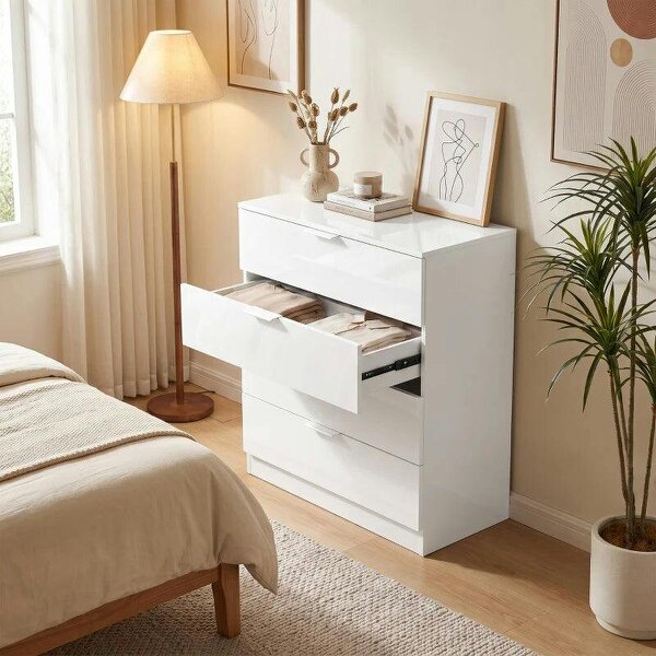 High Gloss 4-Drawer Chest of Drawers, Space-Saving Bedroom Storage Unit with Smooth Runners, White